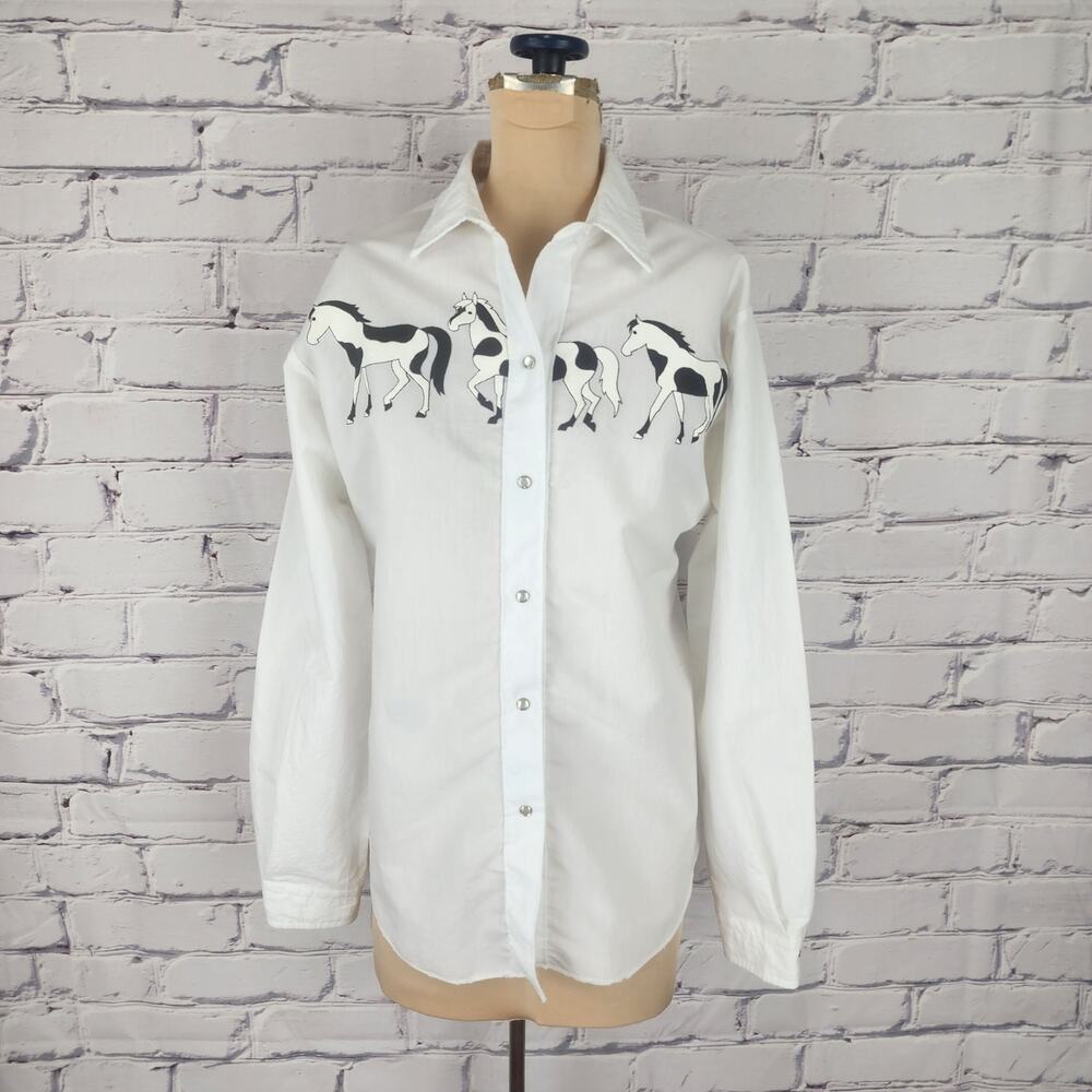 Vtg Miss Rodeo America White Shirt Size 13/14 Horses western cowgirl pearl snaps